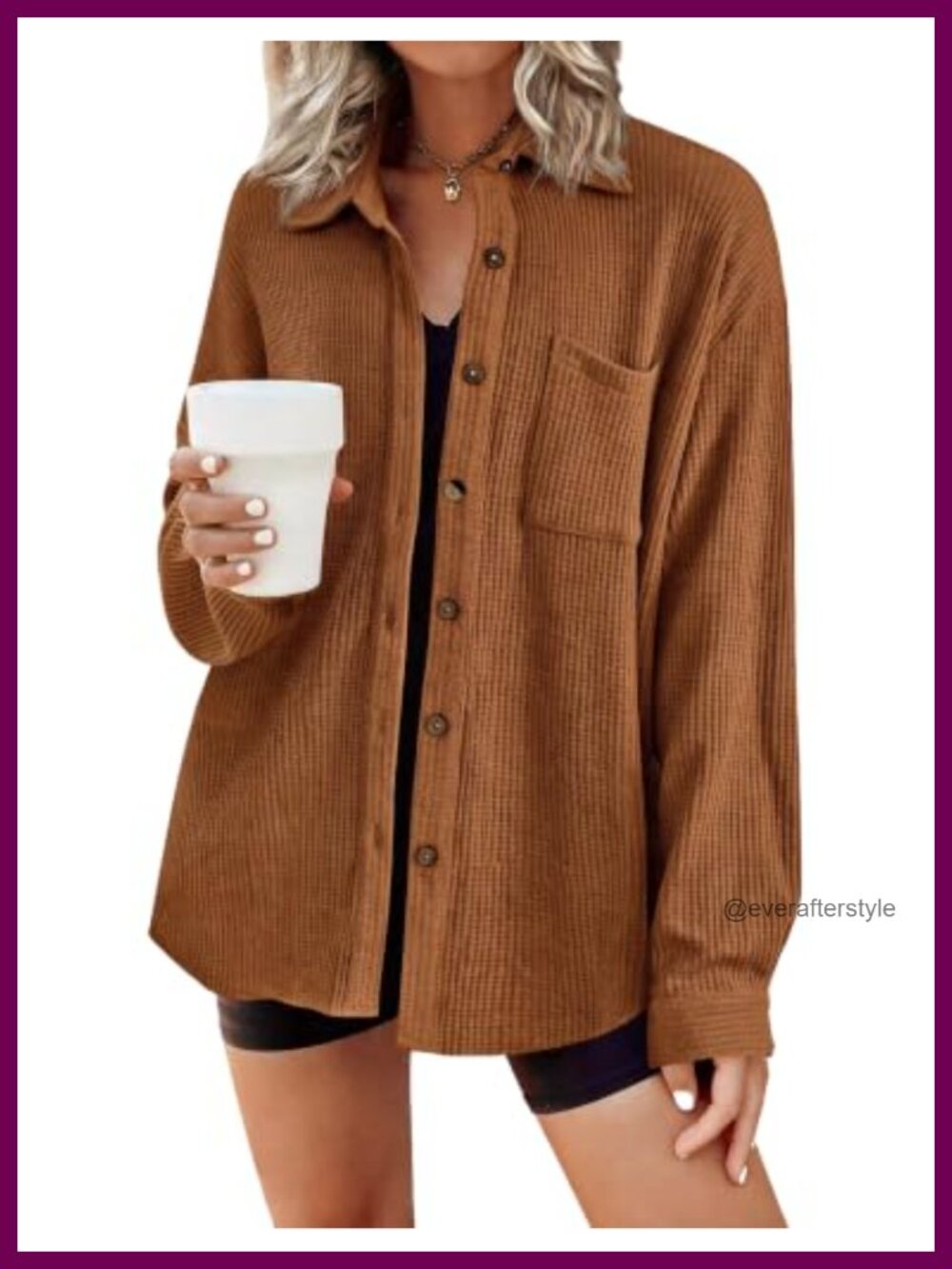 Waffle Knit Button Down Shirt Long Sleeve V-Neck Shacket with Pocket